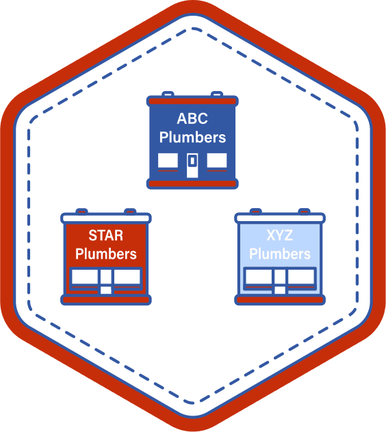 Icon showing three painting company storefronts labeled ABC Plumbers, Star Plumbers, and XYZ Plumbers, representing comparison of local painters